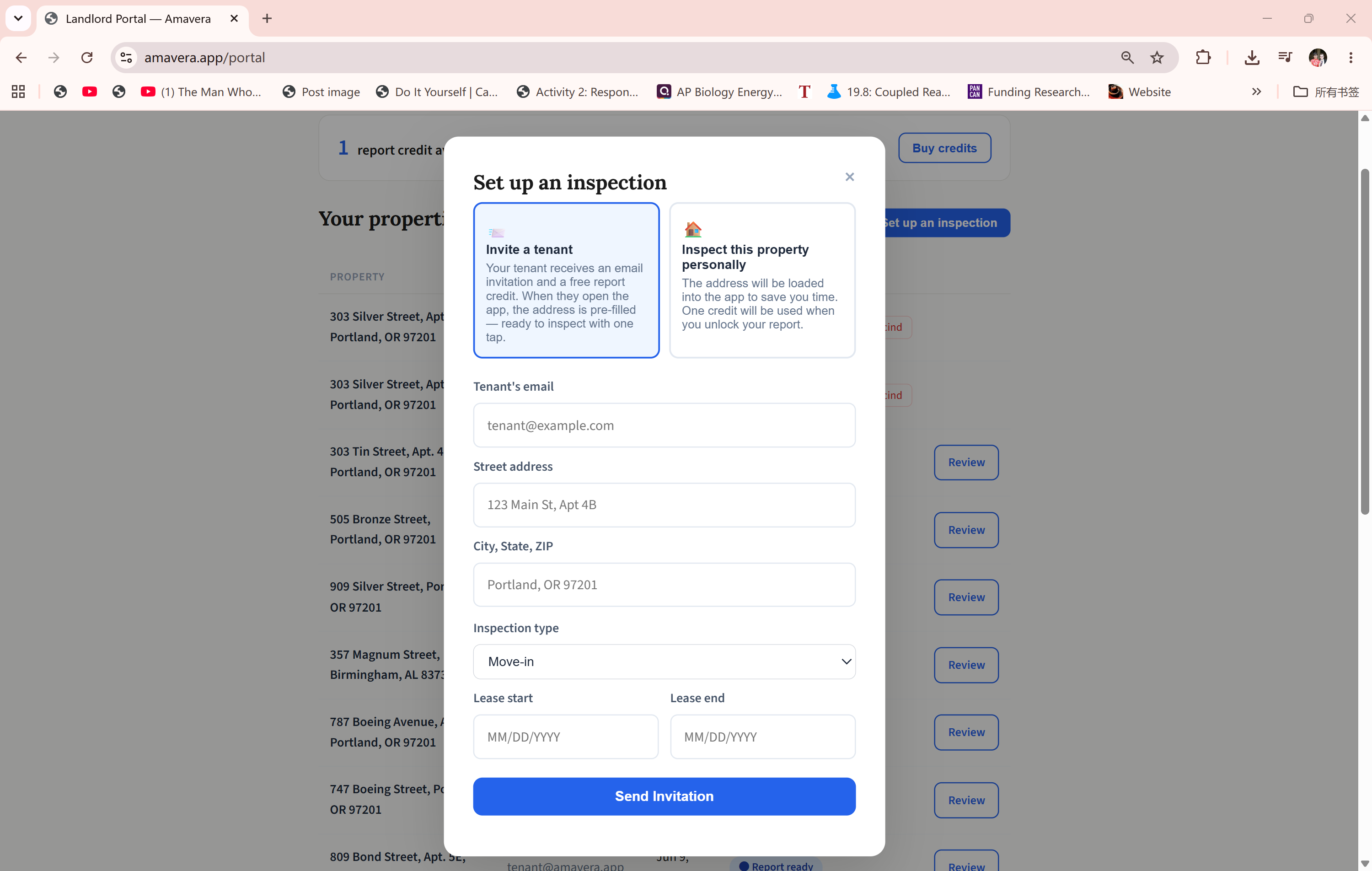 Invite tenant modal filled in